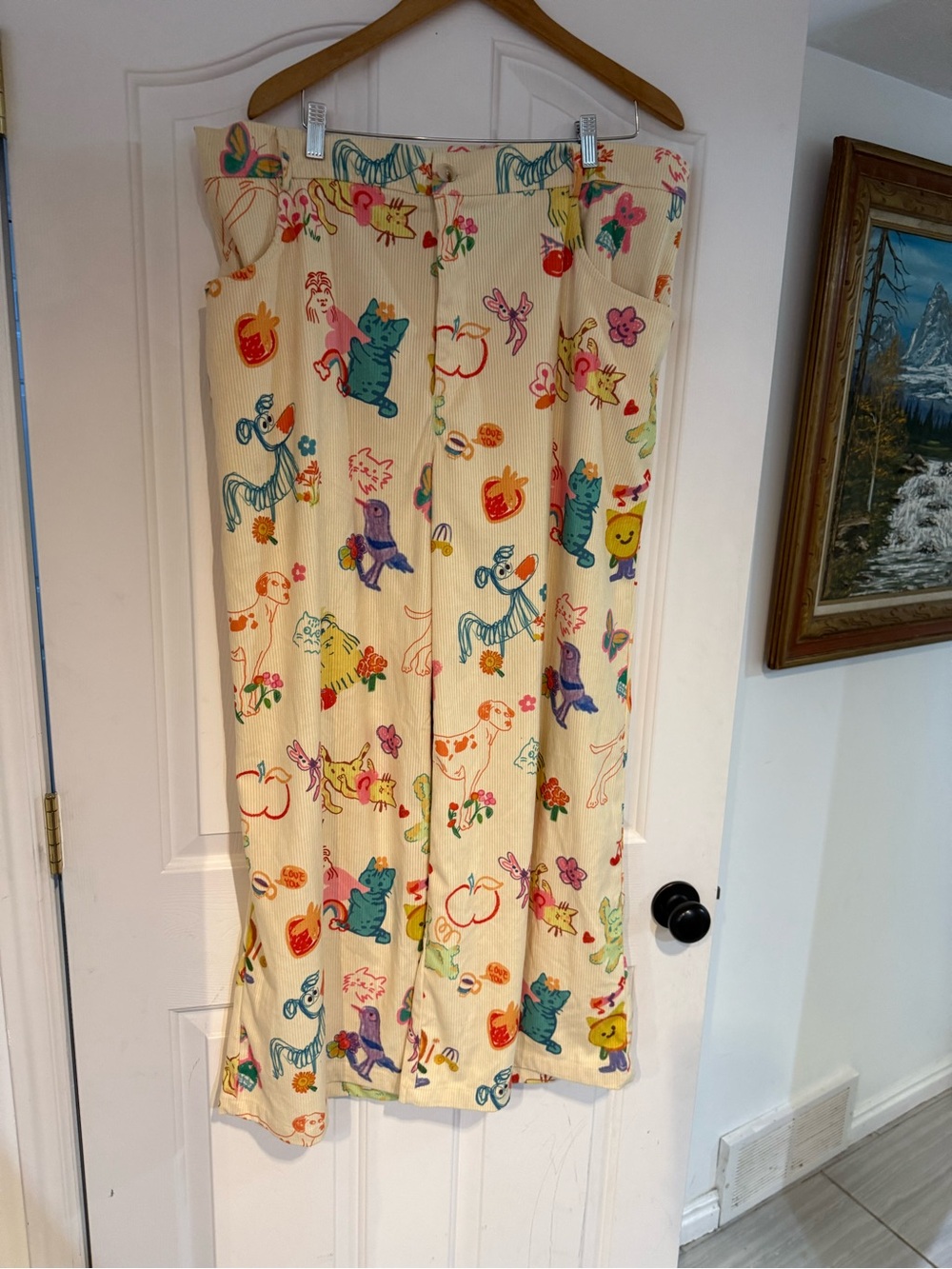 Cider Cream Wide Leg  Pants with Multicolor Animal & Fruit Print